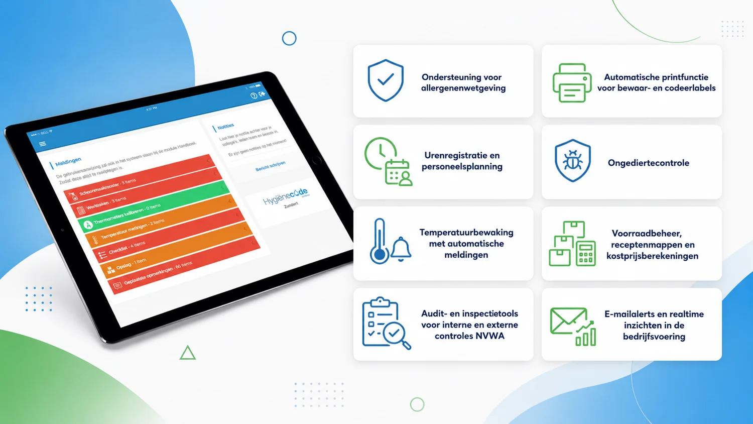 Appoverzicht met registraties, etiketten, planning en temperatuurbewaking
